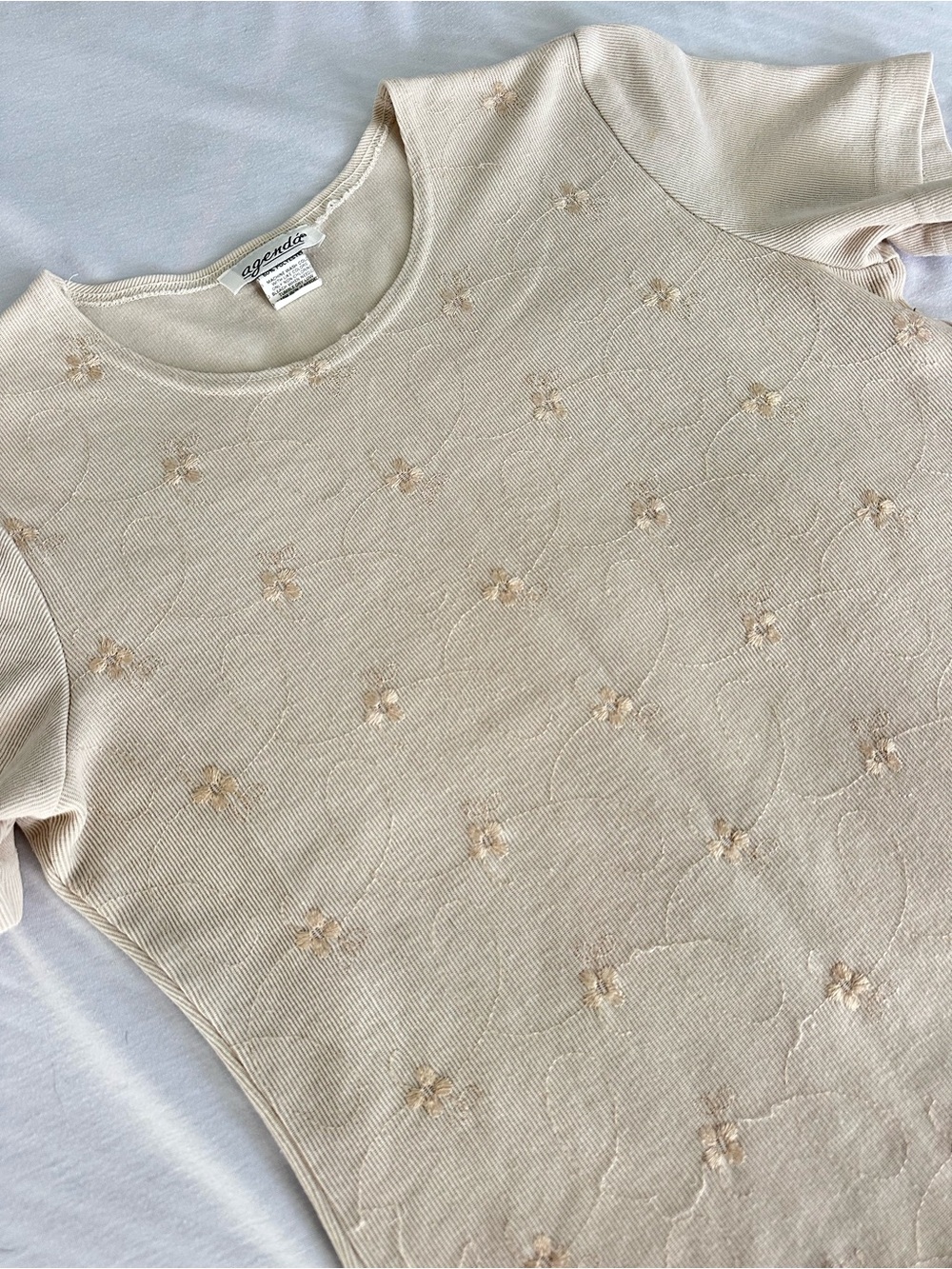 Vintage Agenda Cream Floral Embroidered Knit Tee Cottagecore Granny 90s mom